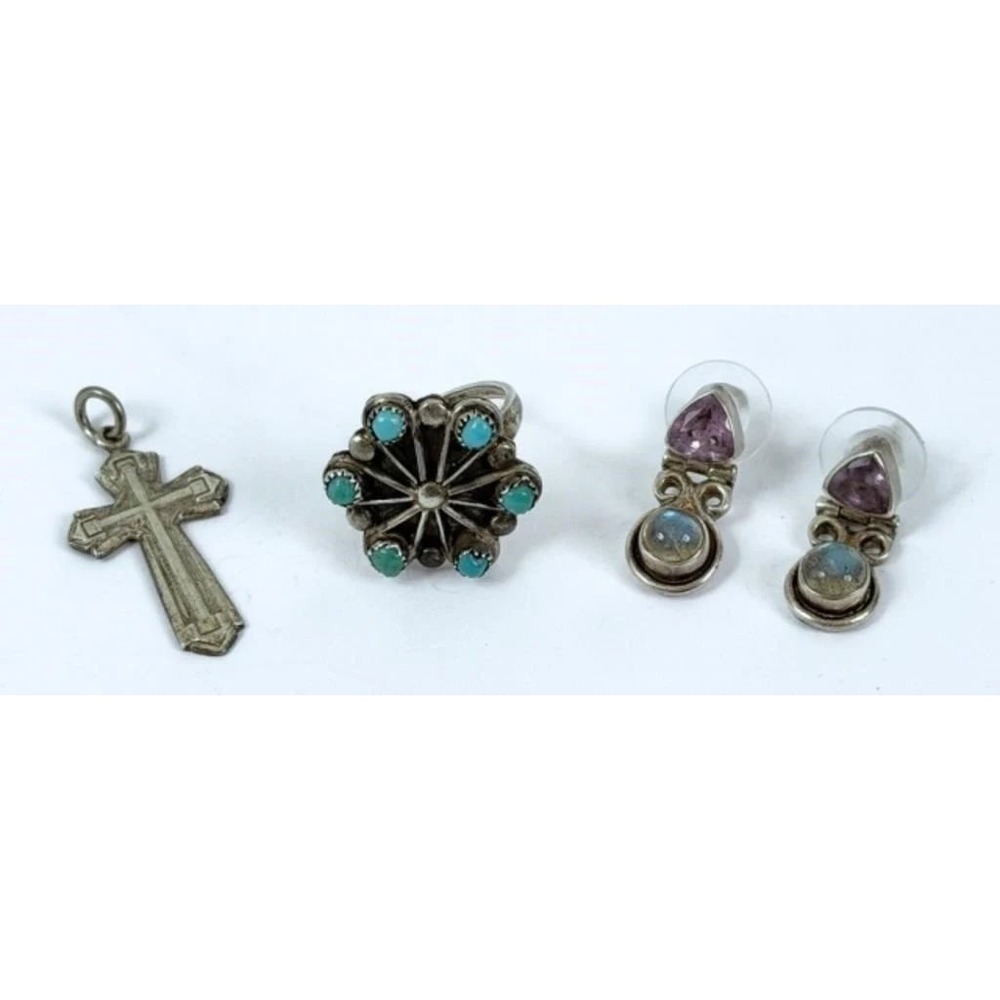 Navajo Sterling Silver Jewelry Lot Lapis Turquoise Cross Cuff Ring Set Earring - Picture 5 of 8